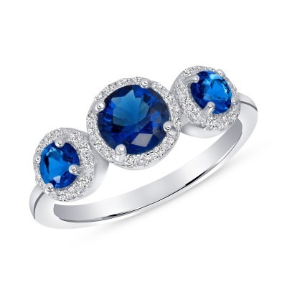 3 ROUND BLUE SAPPHIRE CZ HALO ENGAGEMENT RING